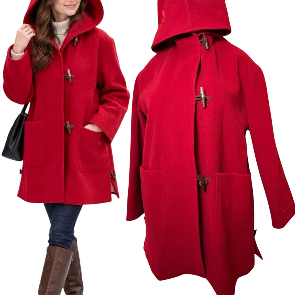Vintage Mackintosh Wool Duffle Coat Red Hooded Toggle Womens M Made USA